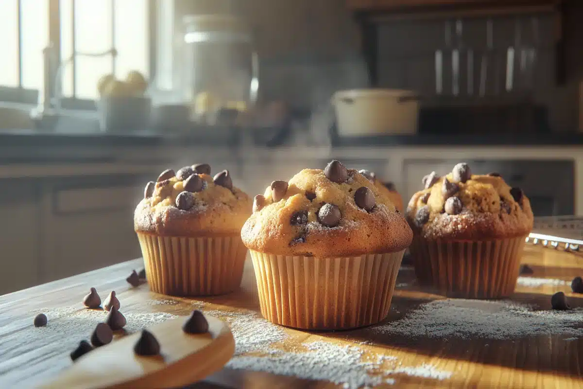 Freshly baked sourdough chocolate chip muffins on a rustic wooden table with soft natural lighting