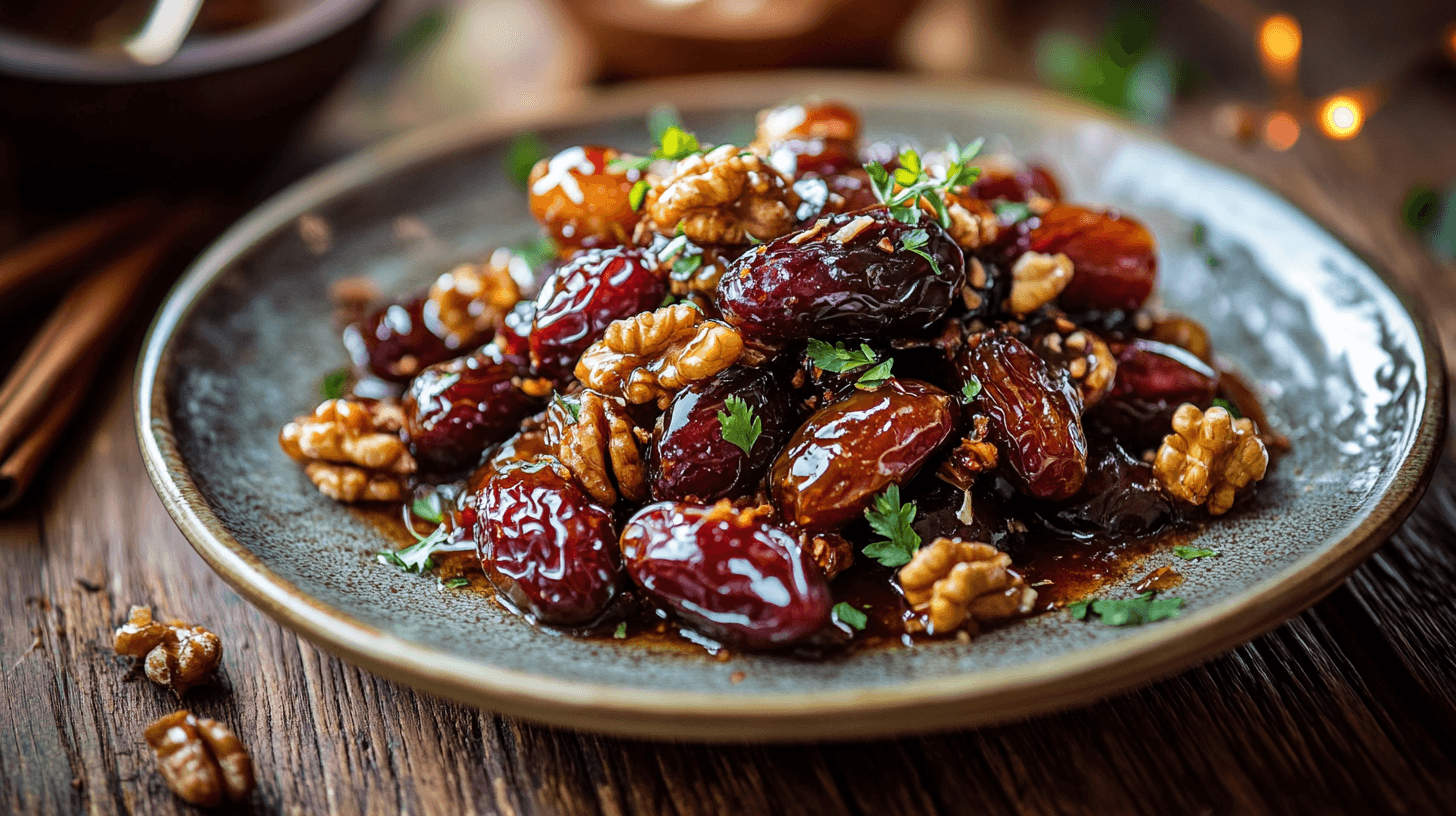 Traditional date palm dessert with caramelized dates, nuts, and cinnamon on a rustic wooden table.