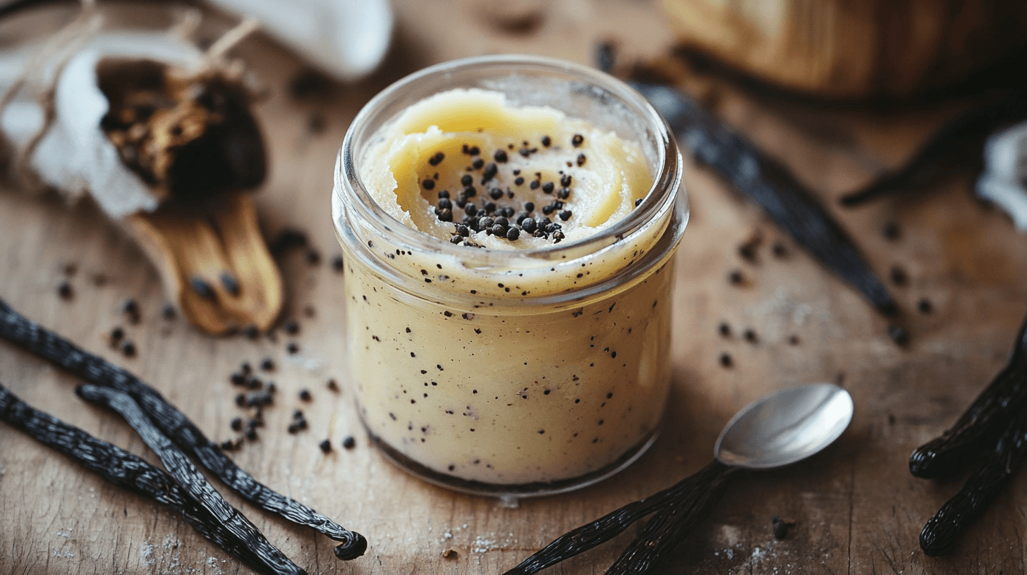 Homemade vanilla paste in a glass jar with visible vanilla seeds and whole vanilla beans.