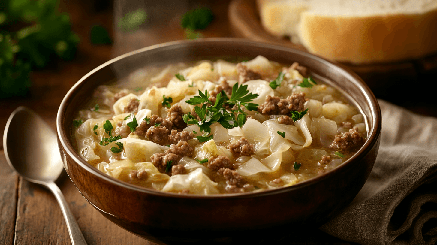 A bowl of cabbage soup with ground beef, garnished with parsley, on a rustic wooden table.