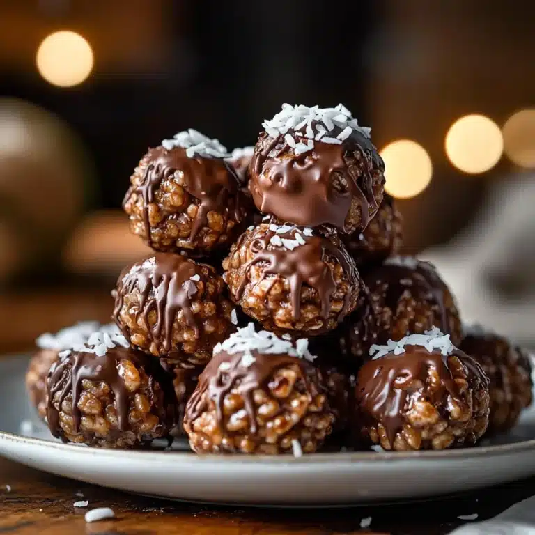 Chocolate rice crispy balls stacked on a plate with toppings