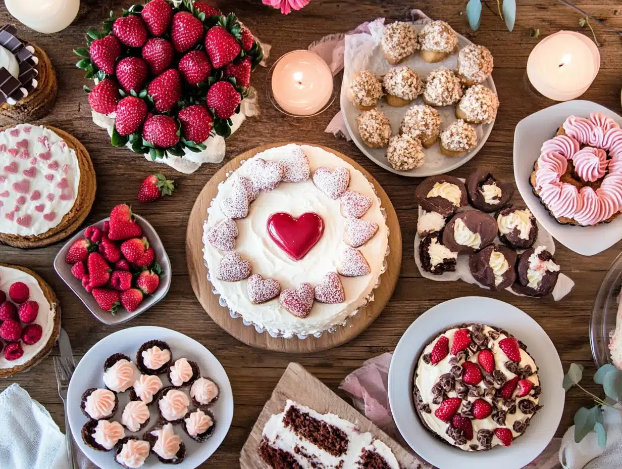 A homemade Valentine's Day dessert spread with chocolate and fruity treats