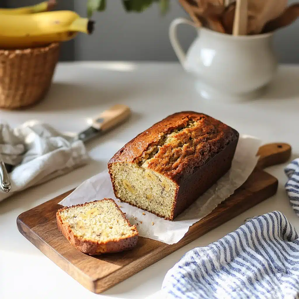 Golden-brown loaf of Old-Fashioned Banana Bread on a wooden cutting board with steam rising, ready to be sliced
