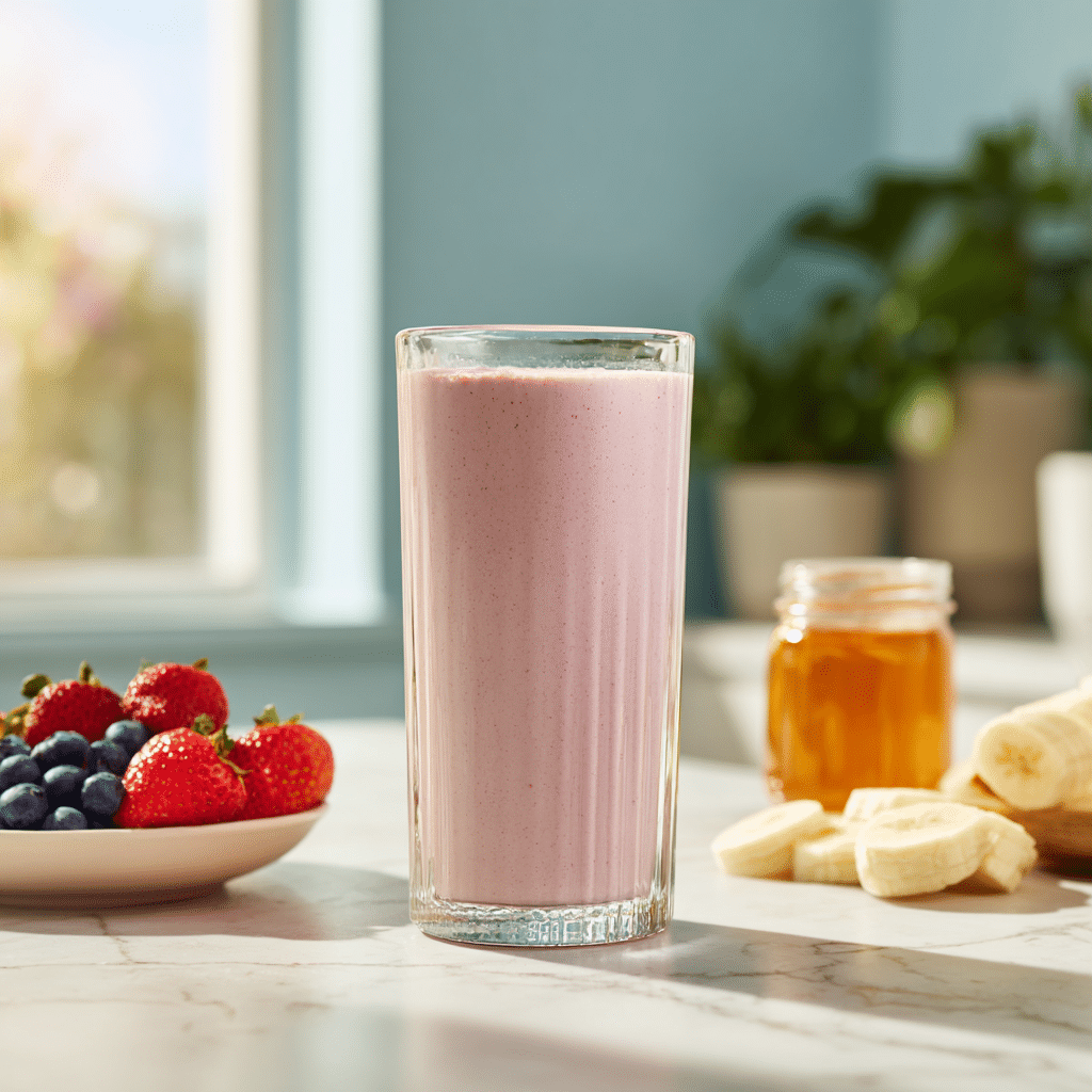 A tall glass of pink Silk Vanilla Almond Milk Smoothie on a white wooden table, surrounded by oats, fresh berries, banana slices, and a bottle of almond milk in a bright morning kitchen.