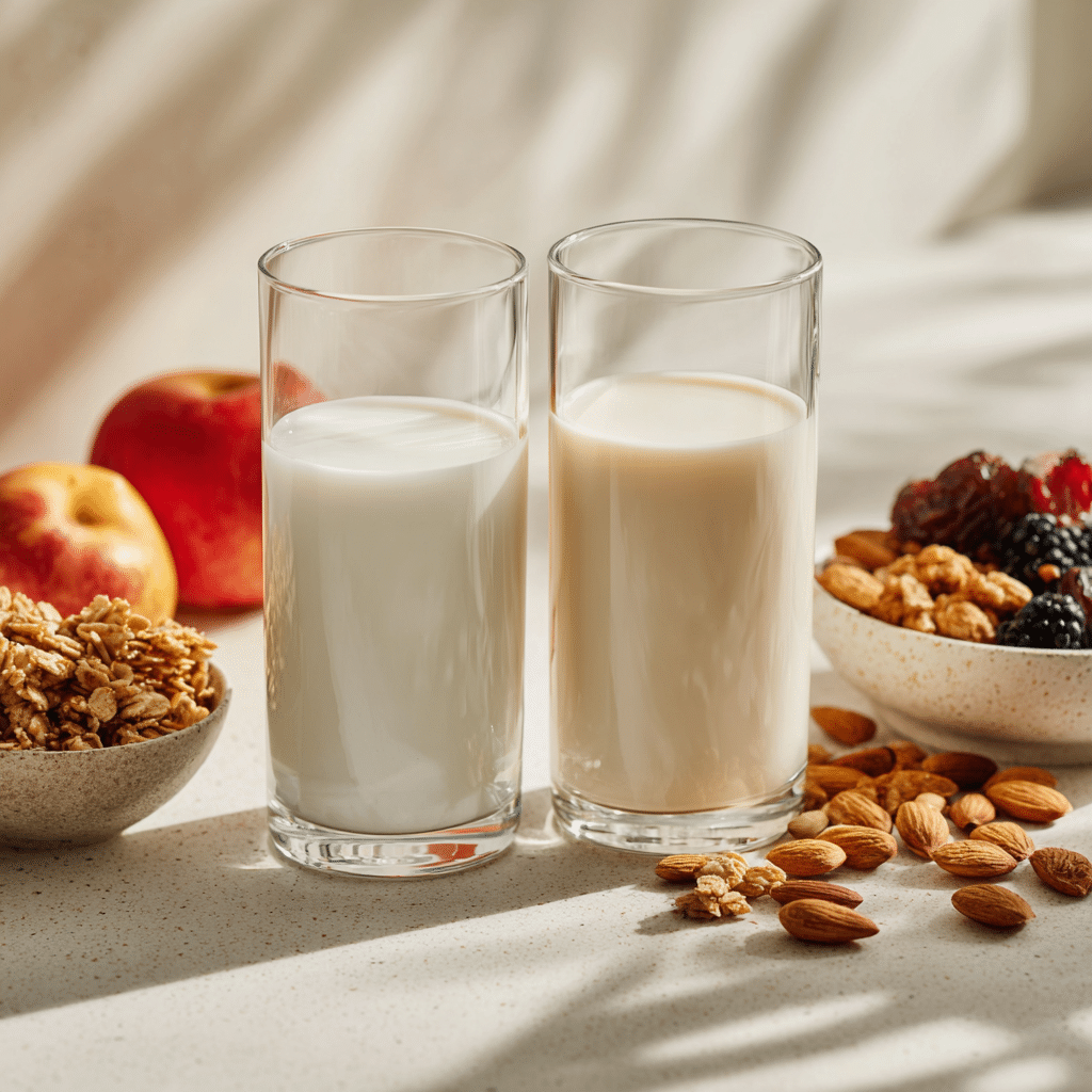Almond and dairy milk served with breakfast