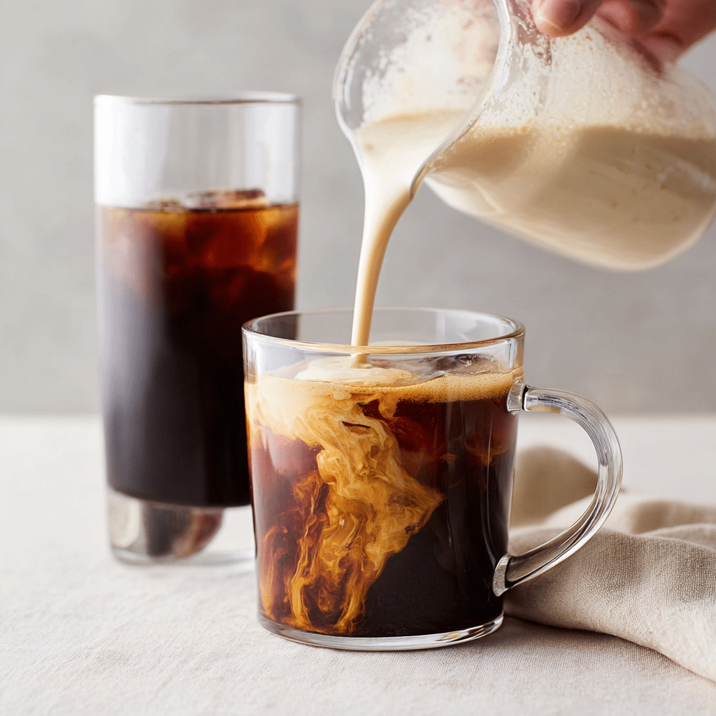 Pouring almond milk creamer into hot black coffee with creamy swirl effect in a minimalist kitchen setup.