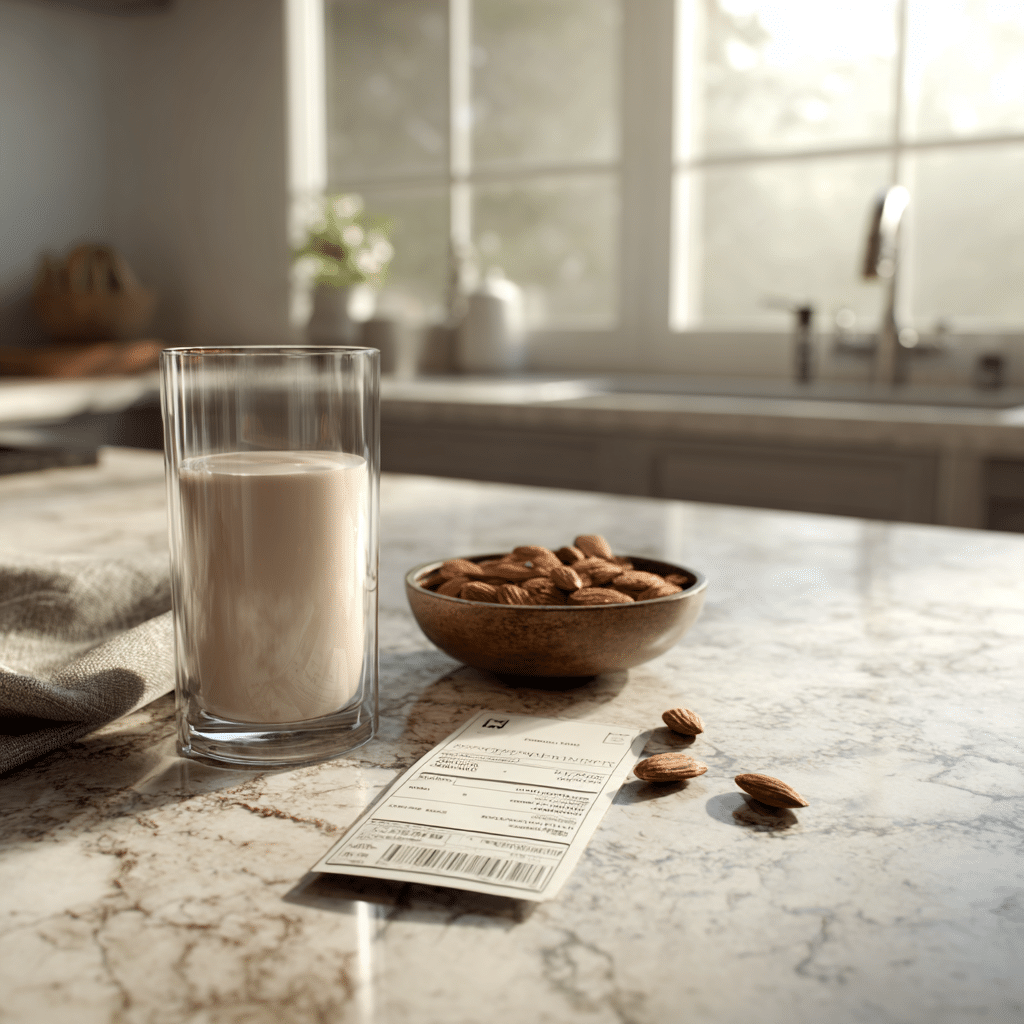 Almond milk in a glass with almonds and nutrition label