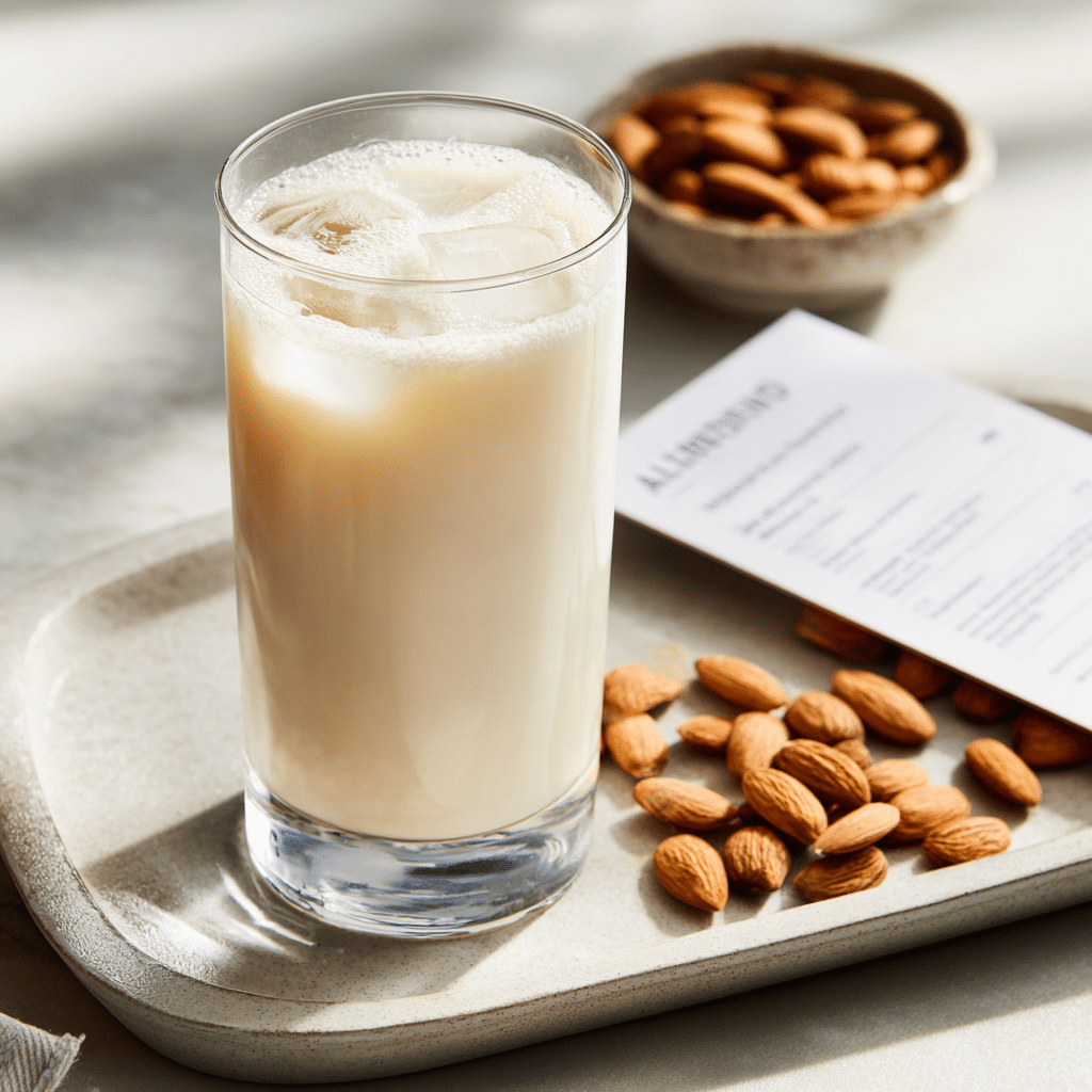 Glass of almond milk with nutritional details