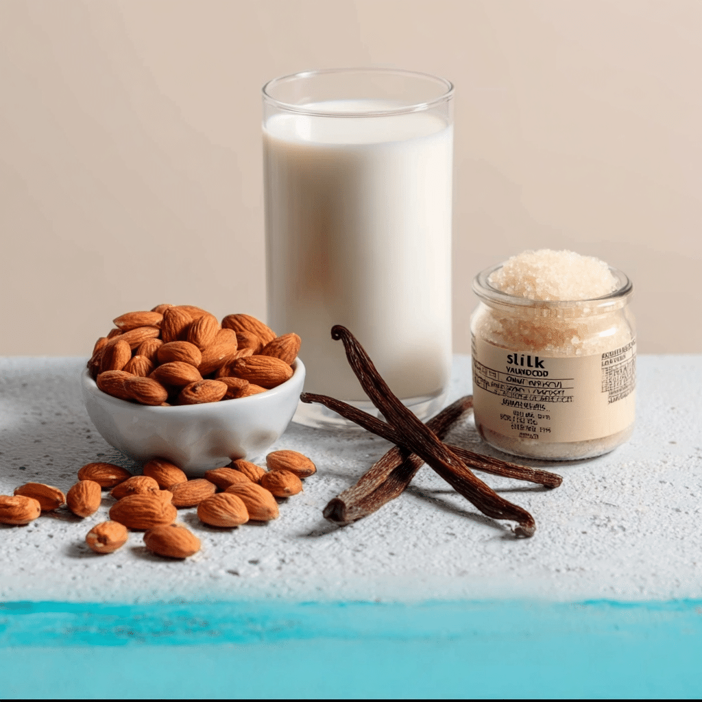 Silk vanilla almond milk carton and ingredients