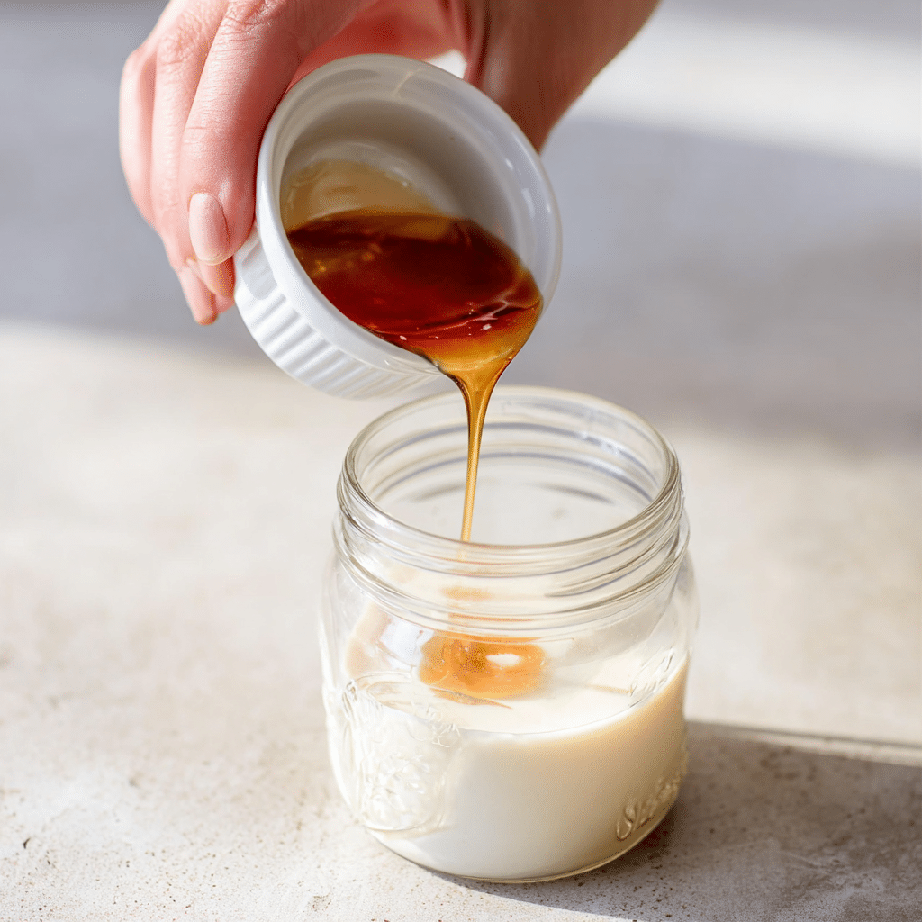 Pouring vanilla extract into almond milk creamer in a mason jar on a neutral kitchen counter.