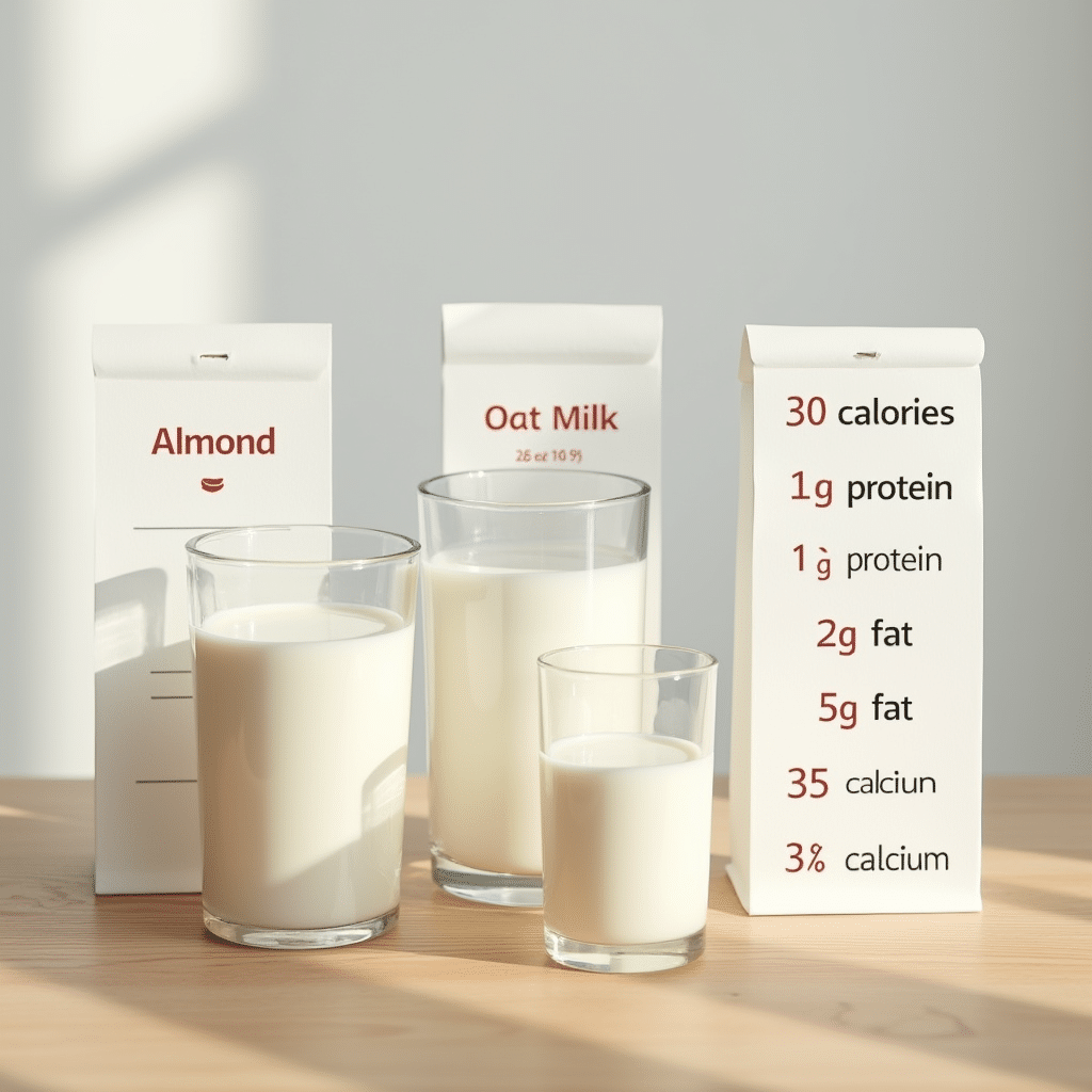 Comparison of almond milk, cow milk, and oat milk with nutrition values